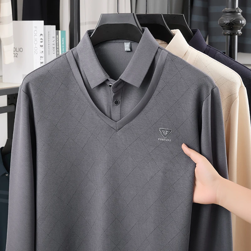 

TFETTERS Business Polo Shirts Men Fake Two Autumn 2025 New Casual Long Sleeve Man T Shirts Turndown Collar Pullover Plaid Tops