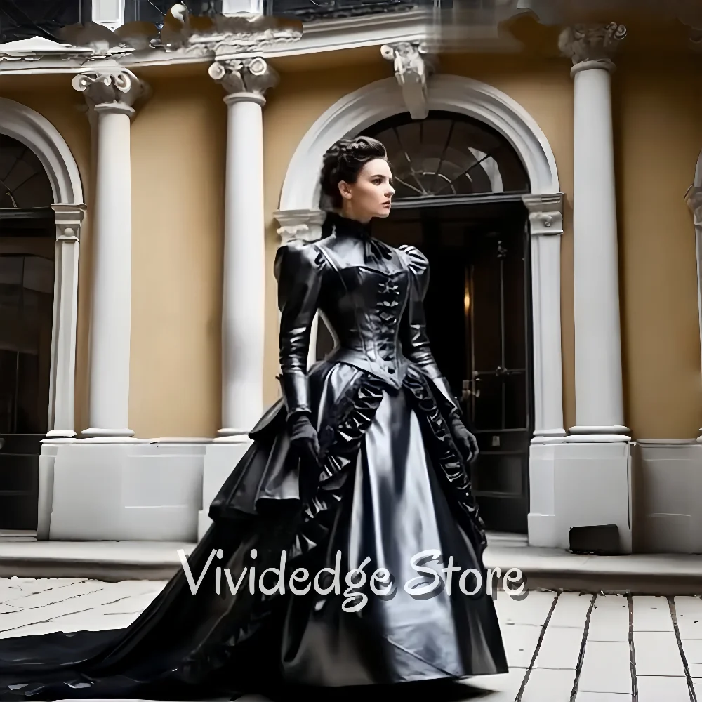 Elegantes schwarzes Vintage-Abendkleid im viktorianischen Stil, besondere Langarm-Plissee-A-Linien-Saum, Stehkragen, Korsett-Abschlussballkleider, individuell gestaltet