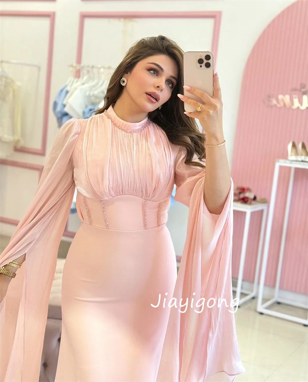 Customized Exquisite Jersey Pleat Trumpet O-Neck Long Dresses Bespoke Occasion Evening High Quality Chinese Style