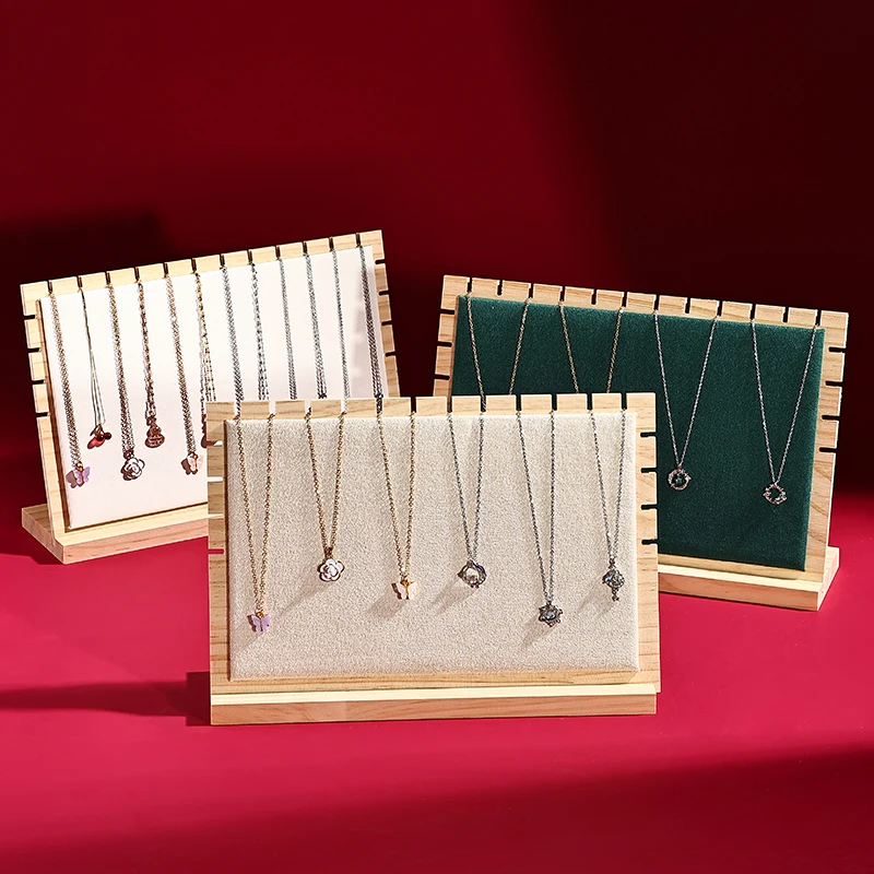 Fashion Bamboo Wood Square Necklace Display Stand, Premium Bamboo Material with Velvet & Leather Surface, Scratch-Protection Jew