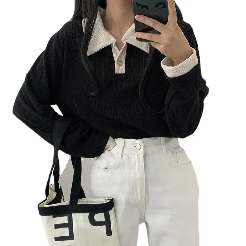 Casual Women T-shirts Korean Fashion Sweet Preppy Style Tops Female Autumn Long Sleeve Turn Down Collar Basic Pullovers Tees