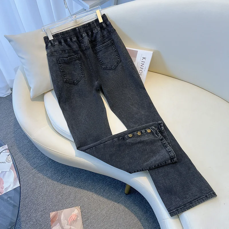 Calça jeans feminina cintura alta casual solta versátil cor sólida tamanho grande jeans elegante botão dividido calças largas