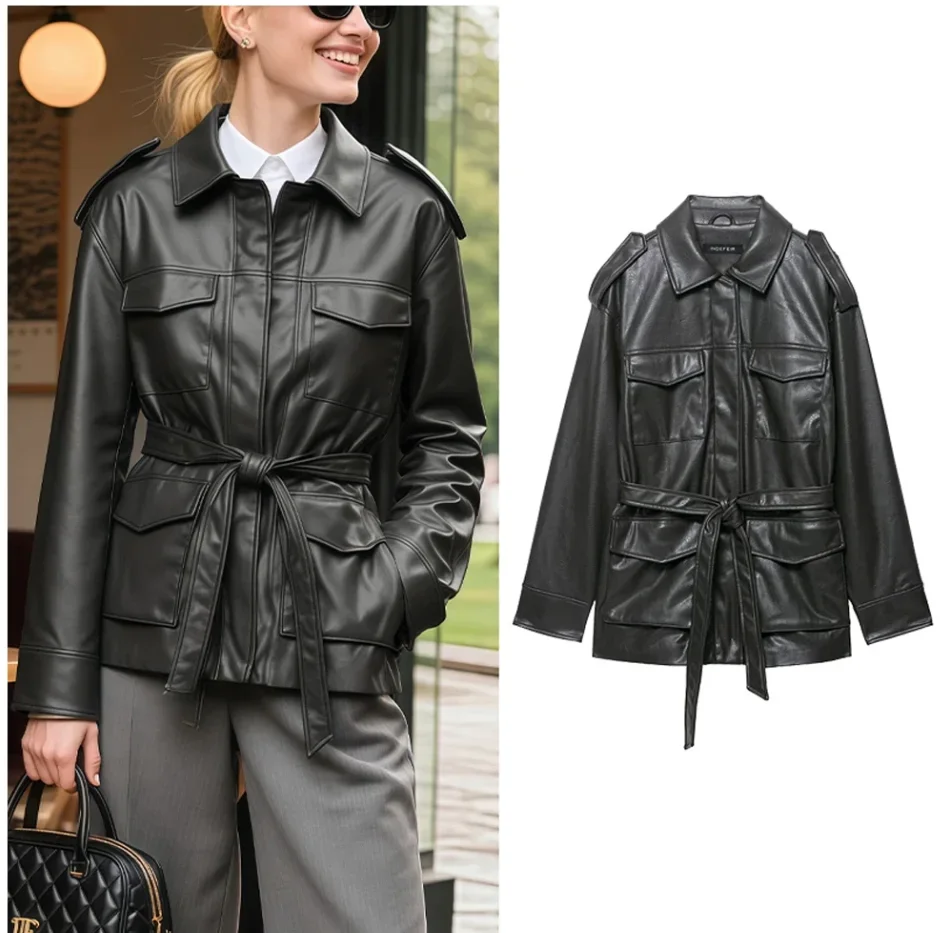 

Осенне-зимние куртки из искусственной кожи для женщин, уличная мода, винтажное пальто из искусственной кожи с поясом, мотоциклетное пальто, черная свободная верхняя одежда