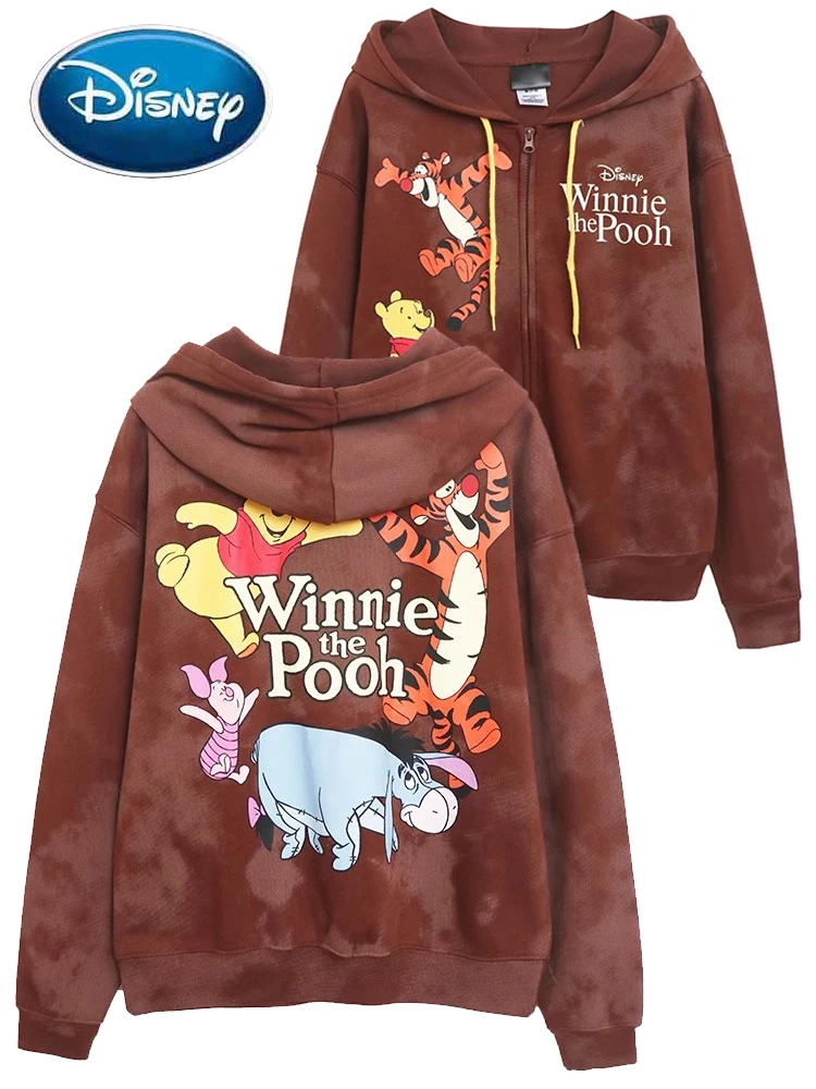 Disney Front Back Winnie the Pooh Bear Tigger Eeyore Print Sweatshirt Women Hooded Pullover Zip Tops Jumper Female Streetwear