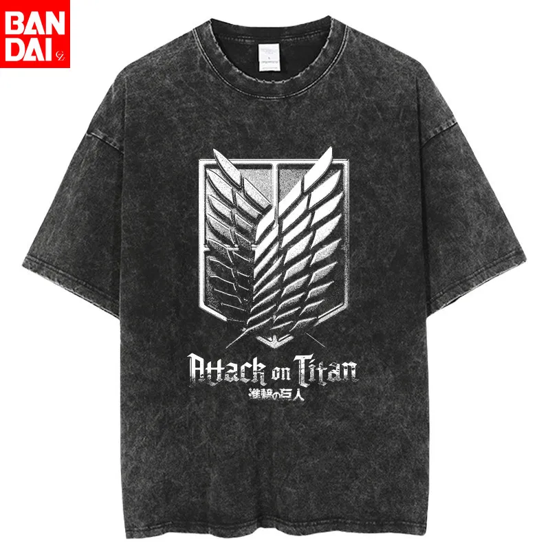 

Футболка Attack on Titan Survey Corps Wings of Freedom, монохромная, винтажная, с эффектом потертости, летняя уличная одежда 2026, аниме-футболка для мужчин и женщин