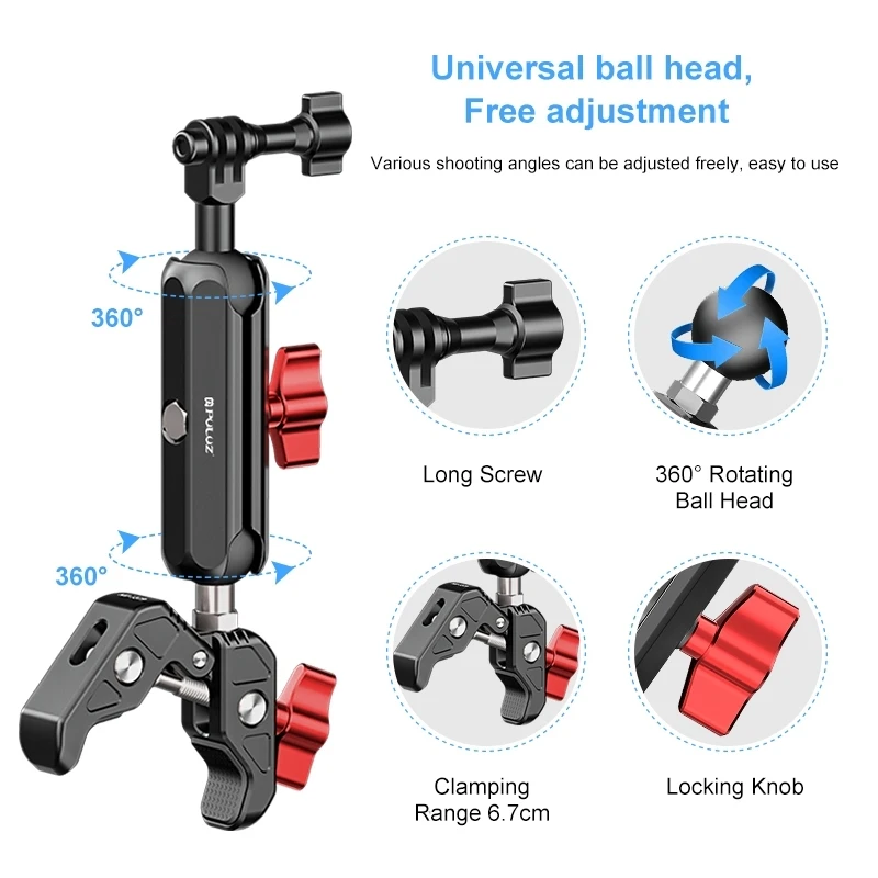 PULUZ Motorcycle Metal Magic Arm Rod Adjustable Bracket For Gopro DJI Insta360 Action Camera Mount Handlebar Crab Clamp Holder