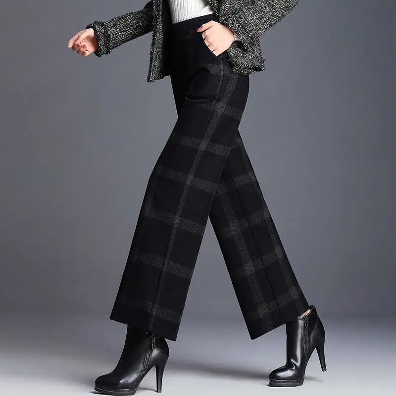 Autunno inverno lana addensare Plaid moda donna pantaloni a gamba larga vita alta Casual All-match pantaloni larghi da donna da ufficio