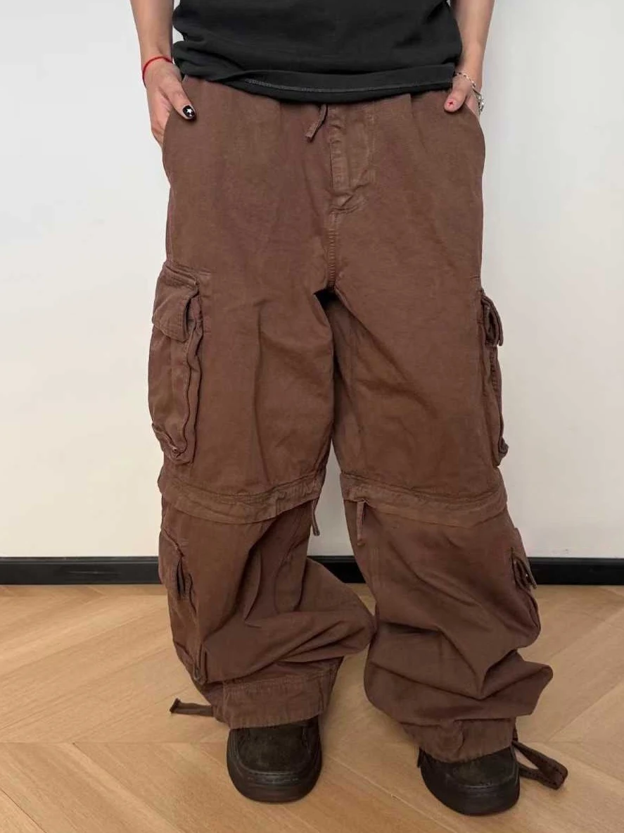 

Zipoff Cargo Pants Brown Straight Leg Workwear Trousers Removable Zipper Two-Way Wear Waed Cotton Youth Casual Faion