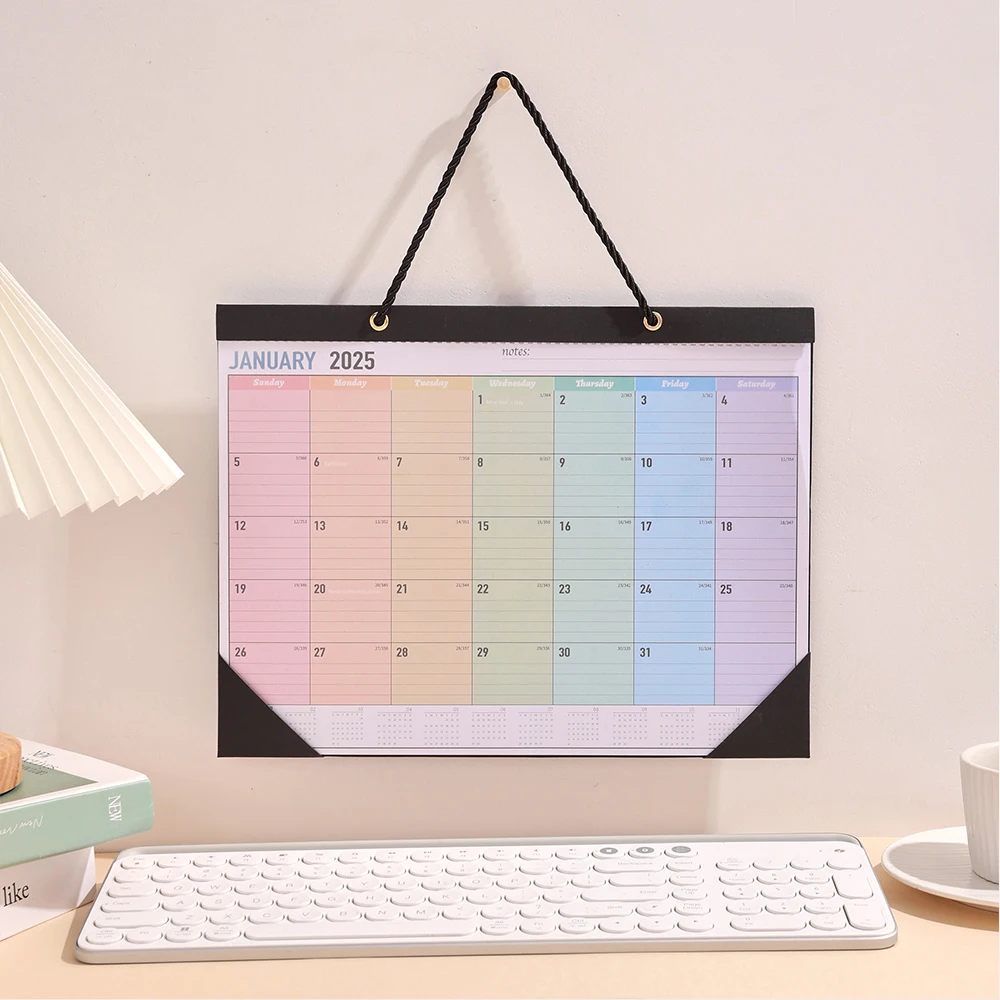 12 sheets 2025 Monthly Wall Calendar Rainbow Weekly Planner Daily Study Check-in Message Hanging Calendar For Organizing School