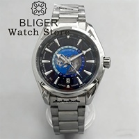 BLIGER 40MM World Time Earth Map NH35 Automatic Mechanical Watches For Men Sapphire Crystal 6 o 'clock Date Deep waterproofing