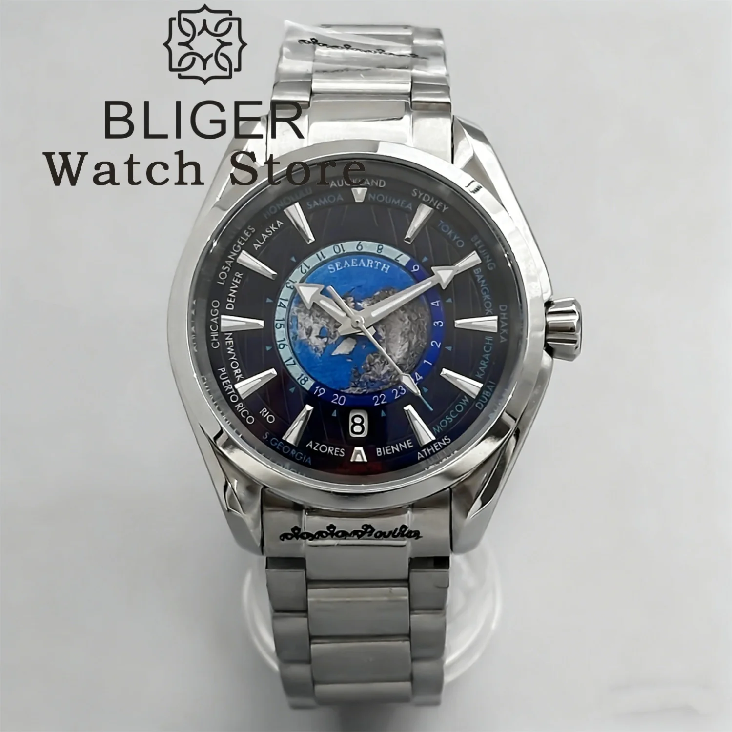 BLIGER 40MM World Time Earth Map NH35 Automatic Mechanical Watches For Men Sapphire Crystal 6 o 'clock Date Deep waterproofing