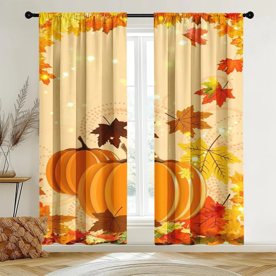 2PCS Digital Print Curtain, Large Pumpkin Fall Leaves Bokeh, Beige Background Autumn Glow Style for Living Room Bedroom Decor