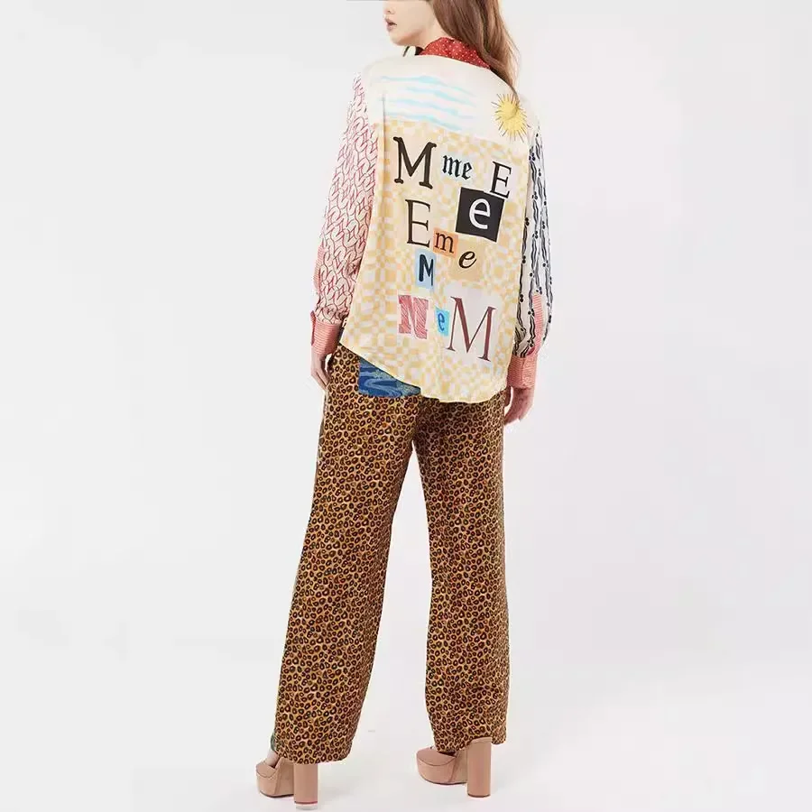 ليوبارد مطبوعة بنطال ذو قصة أرجل واسعة مجموعات النساء خمر واحدة الصدر رفض كولور 2024 جديد شيك ربيع الخريف سيدة بلوزة الدعاوى