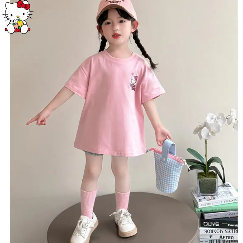

Hello Kitty Anime Girls Short Sleeve Cartoon Kawaii Sanriot Shirt Summer New Sweet Breathable Skin Friendly Soft and Fashion