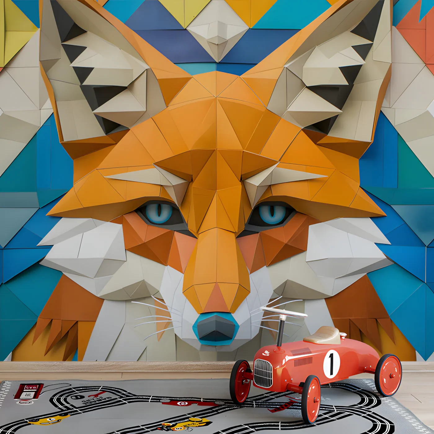 Geometric Fox Mural Wallpaper in Kid's Room Various Colors Custom Peel and stick wallpaper