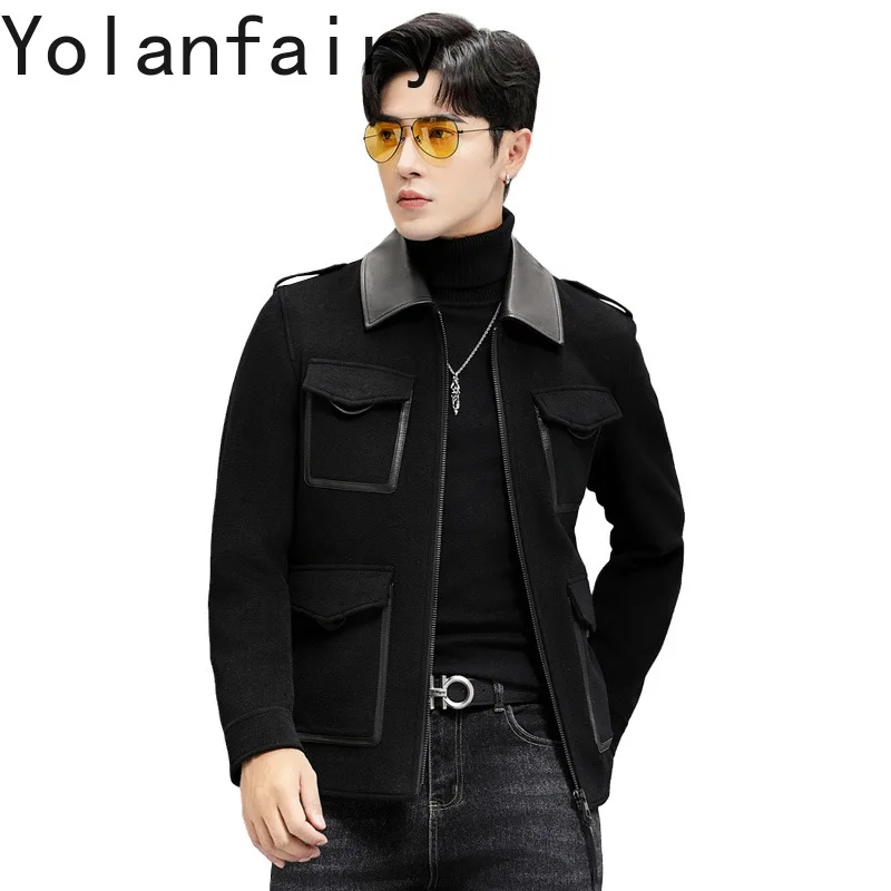 YOLANFAIRY High Quality Wool Coat Man Clothing Spring Autumn Trend Men's Short Lapel Woolen Jacket Spliced Genuine Leather Wear