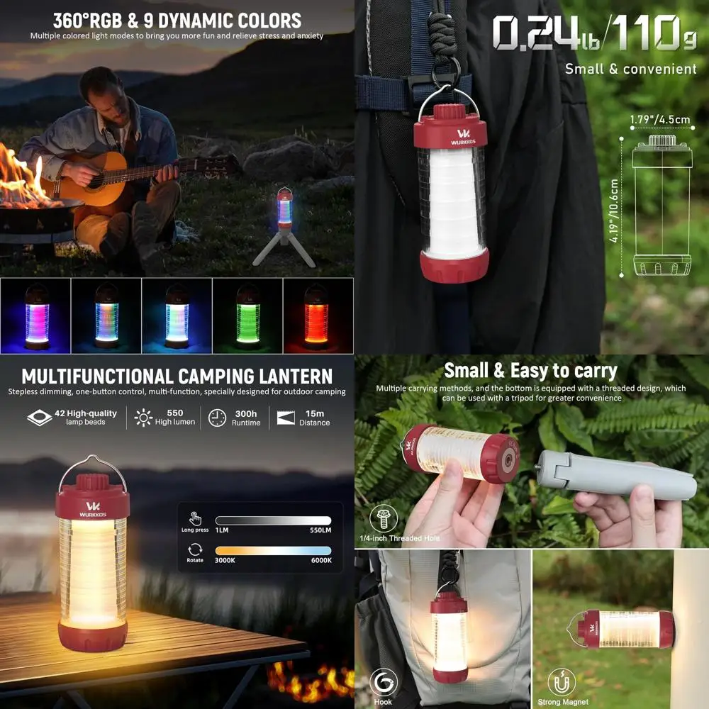 

Rechargeable 550LM LED Camping Lantern with Magnet Base, RGB Lighting and Stepless Dimming, Offers Up to 300H of Runtime for Out