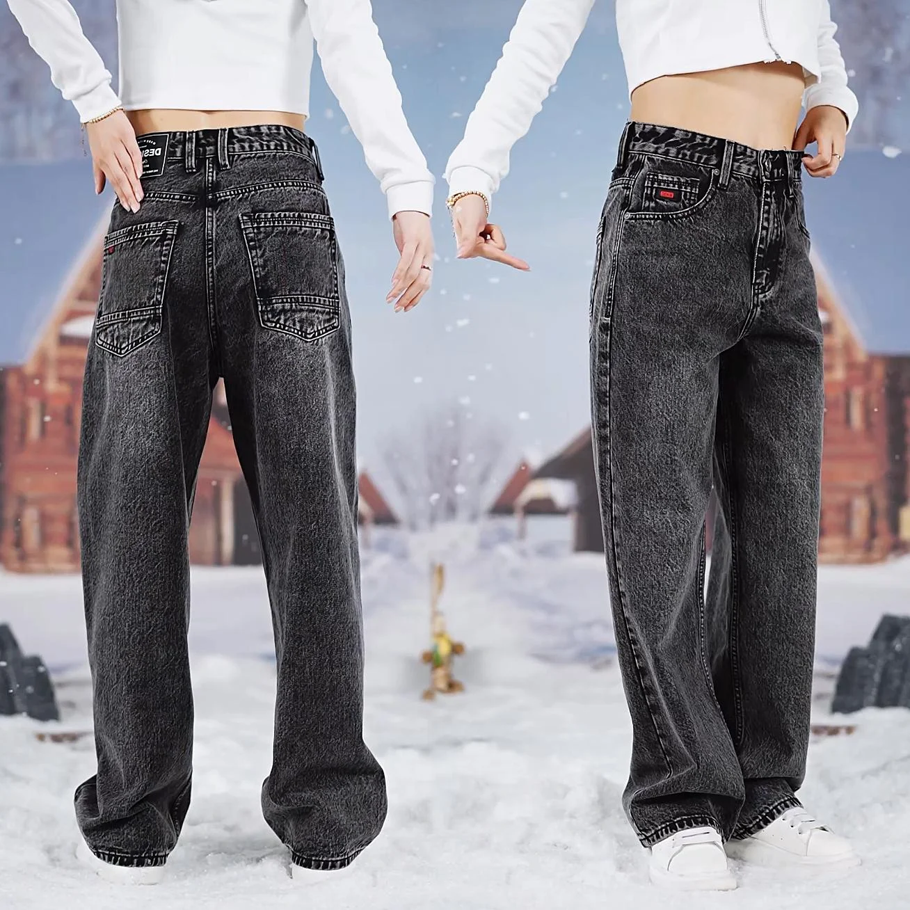 

Утепленные прямые джинсы на флисовой подкладке для мужчин, осенне-зимние, американского стиля, свободные широкие брюки с узором снежинок, длинные штаны