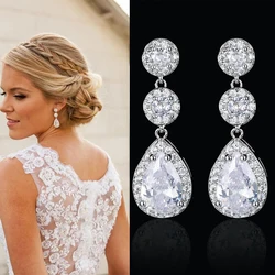 Pendientes largos de boda de circón de lujo con gota de agua redonda, pendientes elegantes de CZ para mujer, joyería nupcial, vestido de novia