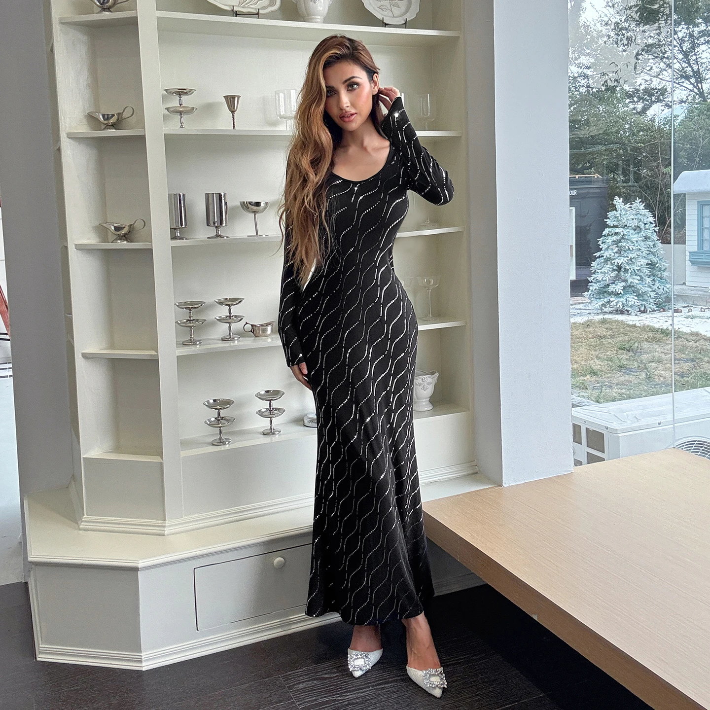 

Elegant Fashion Sequins Bodycon Dress Slim-Fitting V-Neck Long Sleeve Maxi Dresses For Women 2025 Autumn Spring Fashion Ladies