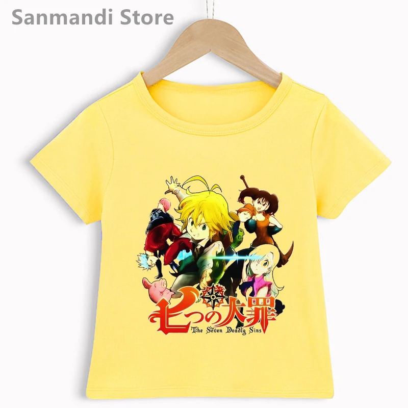 Funny The Seven Deadly Sins Japanese Anime Cartoon Print Yellow Tshirt For Girls/Boys Kids Clothes Kawaii Children Clothing