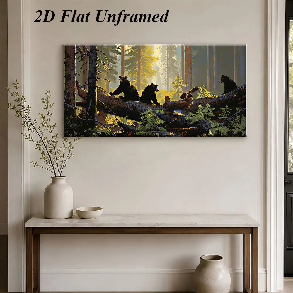 (1PC Unframe)1 forest black bear frameless decorative painting with natural theme, wild animals, forest scene, 2D plan