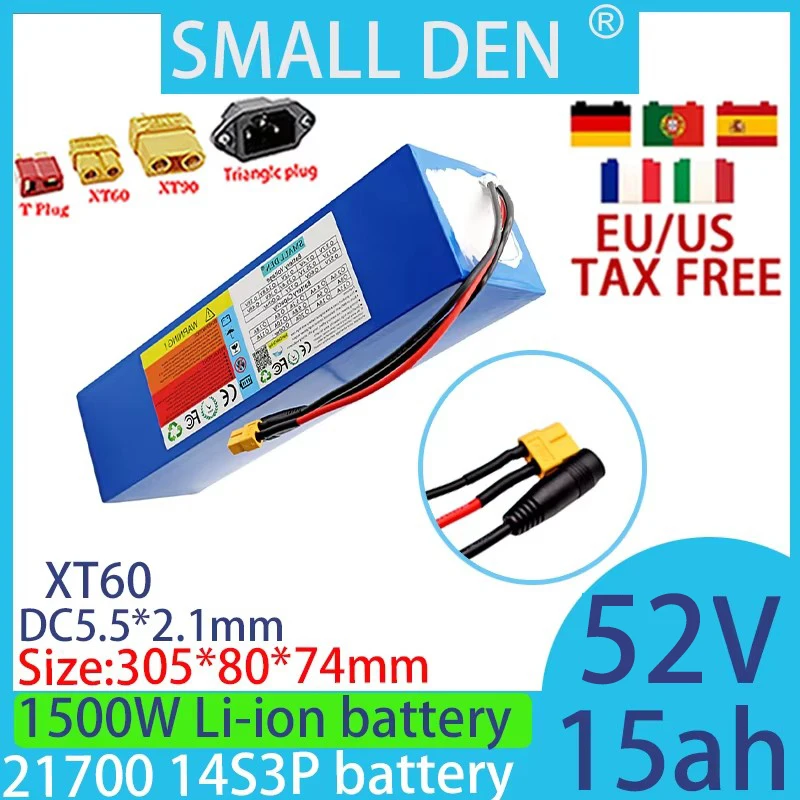 Paquete de batería de litio de 52V, 15ah, 21700, 0-1500W, paquete de batería de alta potencia, vehículo eléctrico de alta potencia, gran capacidad + cargador 2A 3A 5A