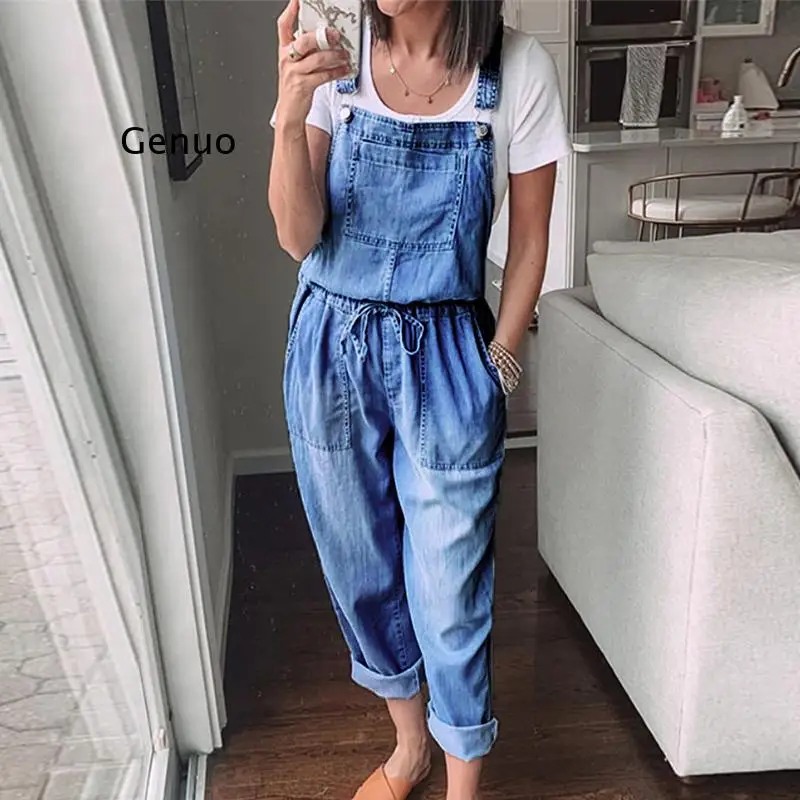 

Fashion 2021 Overall Bodysuit Playsuit Sleeveless Denim High Waisted Wide Playsuits Beach Overalls for Women Jumpsuit