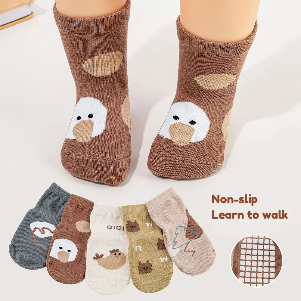 5 Pairs Kids Anti Slip Floor Socks Cartoon Animal Print Mid Calf Baby Socks Breathable Cotton Non Skid Grip Socks For Newborn Toddler Boys Girls Learning Walk