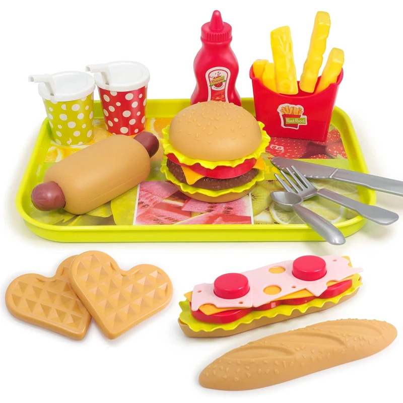 역할놀이 패스트푸드 세트, 어린이 주방 놀이 음식 - 주방 놀이 용품 - 놀이용 버거와 핫도그 포함 장난감 음식