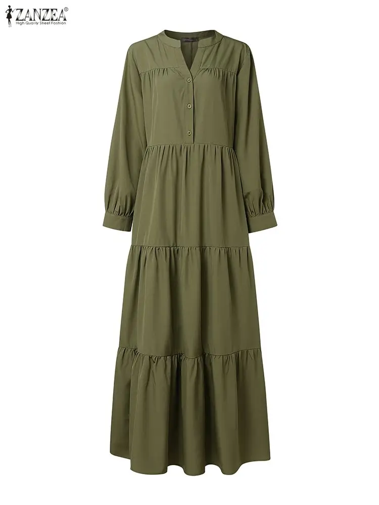 Mulheres outono causal vestidos longos manga longa com decote em v metade botões cor sólida a linha em camadas maxi vestido zanzea roupas femininas S-3XL