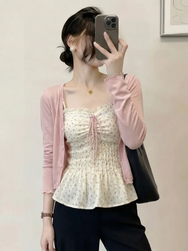 

Summer 2026 New plus Size Beautiful Floral Vest Pink Sun Protection Outerwear Cardigan Top Set Women's Fashion Casual Outfit