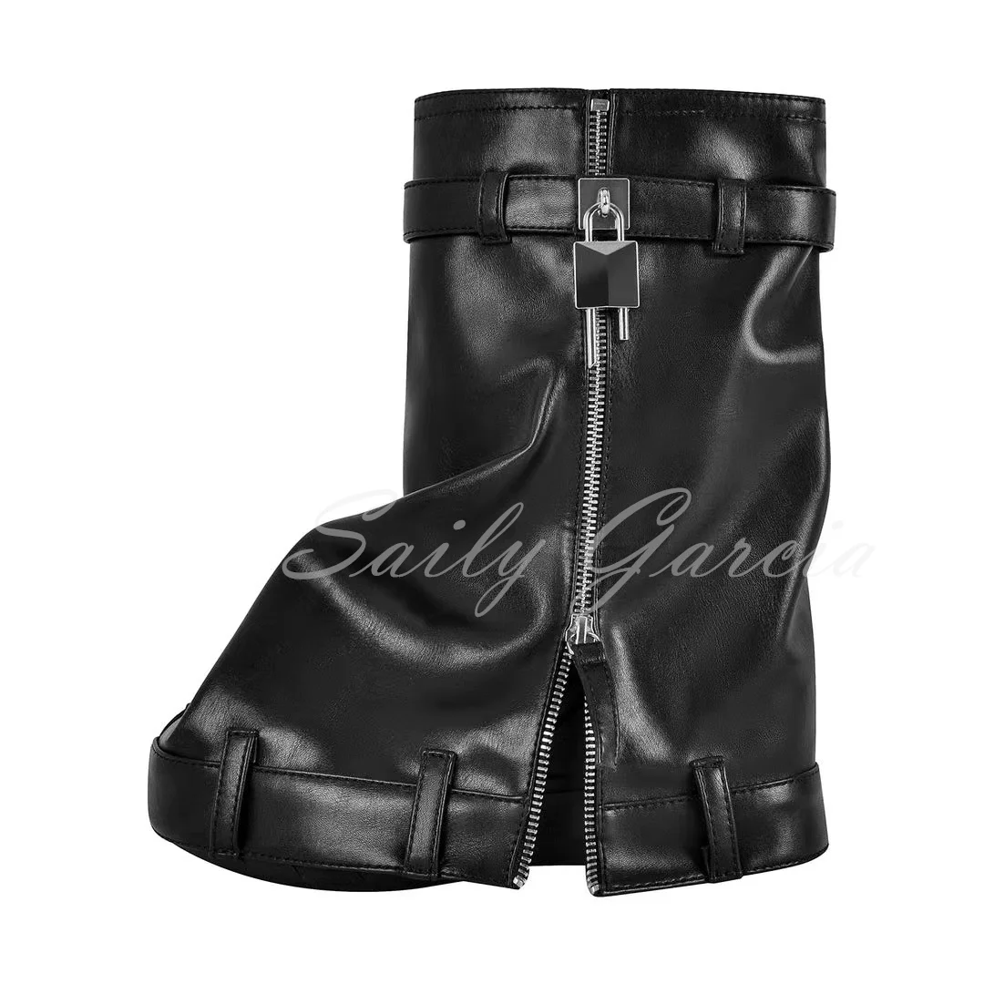 

Thick Bottom Shark Button Lock Trouser Boots Women Round Toe Barrel Belt Buckle Slope Heels Side Zipper Women Big Size Shoes