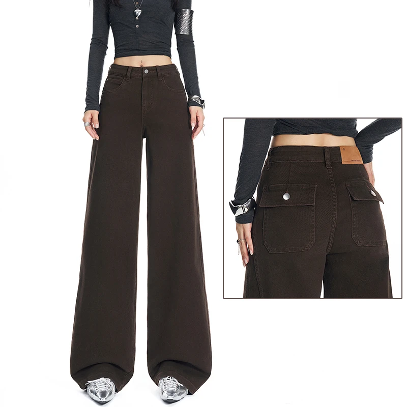 KSTUN 2026 Autumn Women Loose Straight Coffee Jeans High Waisted Wide Leg Jeans Stretchy Female Denim Trousrs Fashion Pockets