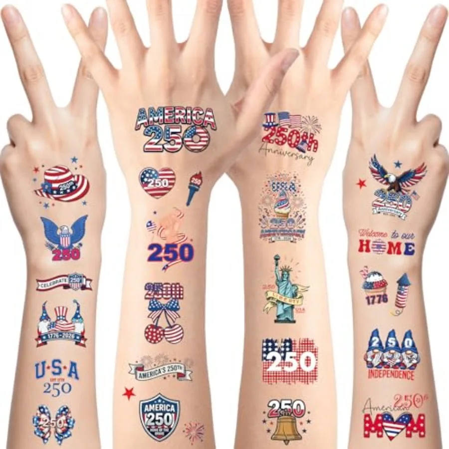 

4th of July Temporary Tattoos 80 PCS 250 Anniversary USA Temporary Tattoos Independence Day American Flag Red White and Blue Ta