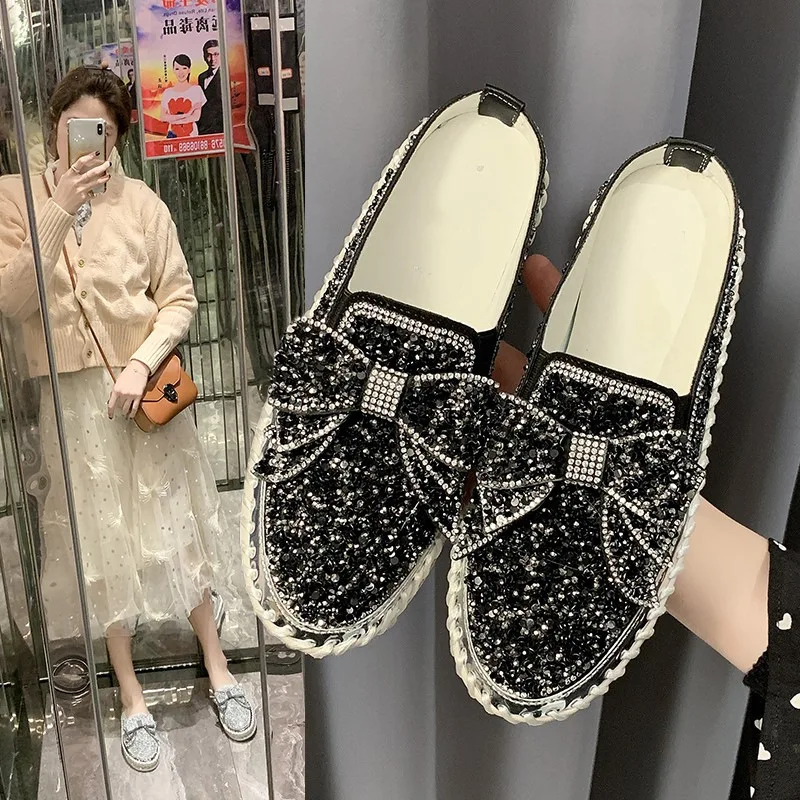 

Loafers Glitter Slides Female Shoes Slippers Soft Platform Beige Heeled Sandals Lady Butterfly-Knot Jelly 2024 Comfort Black