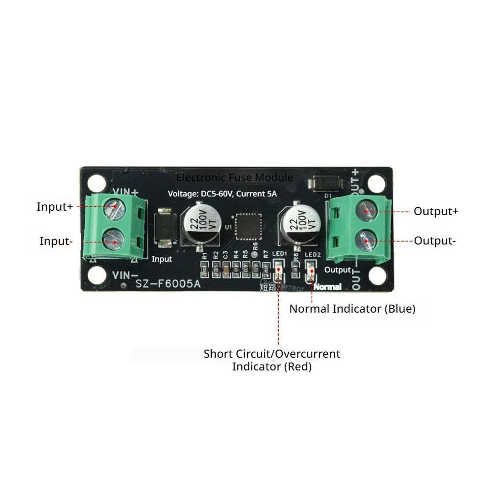 5A Intelligent Electronic Fuse Module DC5-60V Automatic Recovery Overcurrent Short Circuit Surge OVP UVP Thermal Protection