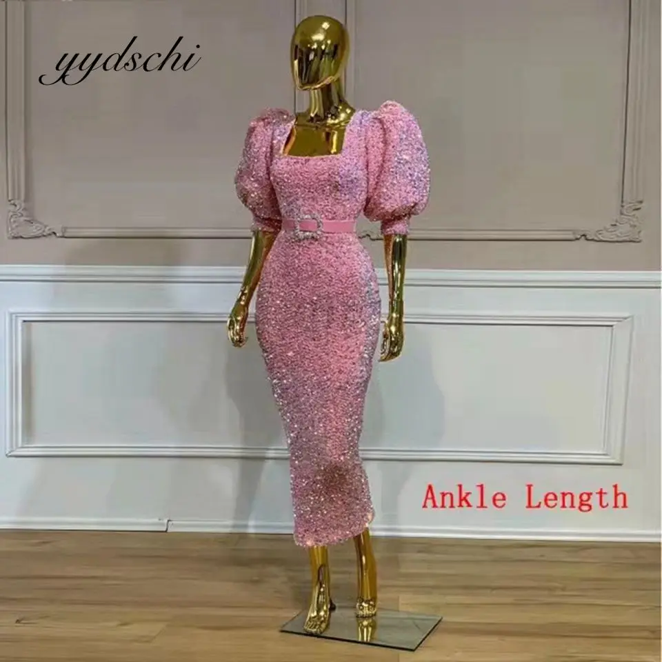 

2022 Square Neck Elegant Pink Prom Dresses for Women Sequins Puff Half Sleeves Party Gowns Vestidos Para Bodas Mujer Invitada