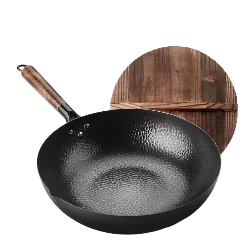 

Iron wok 32cm Traditional Iron Skillet with Wood lid Non-coated Pot Chinese Kitchen Cookware for Gas and Induction Cooker