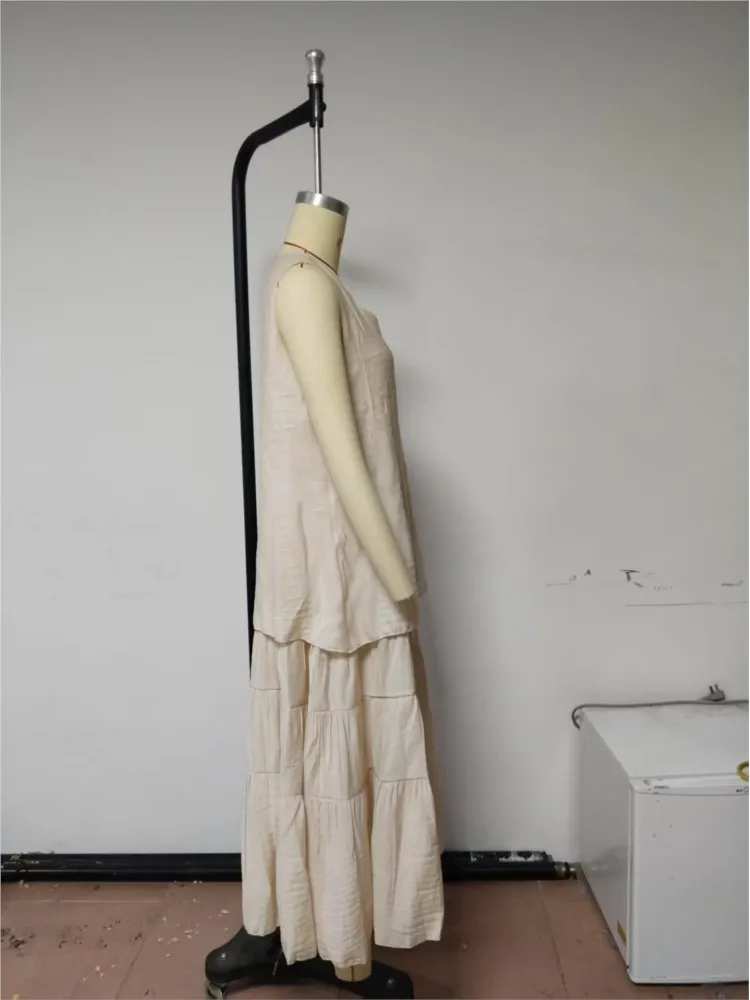 Retro Cotton Linen Pleated Long Dress Woman Spring Fashion V Neck Loose Maxi Dress Summer Solid Sleeveless Tank Boho Beach Dress