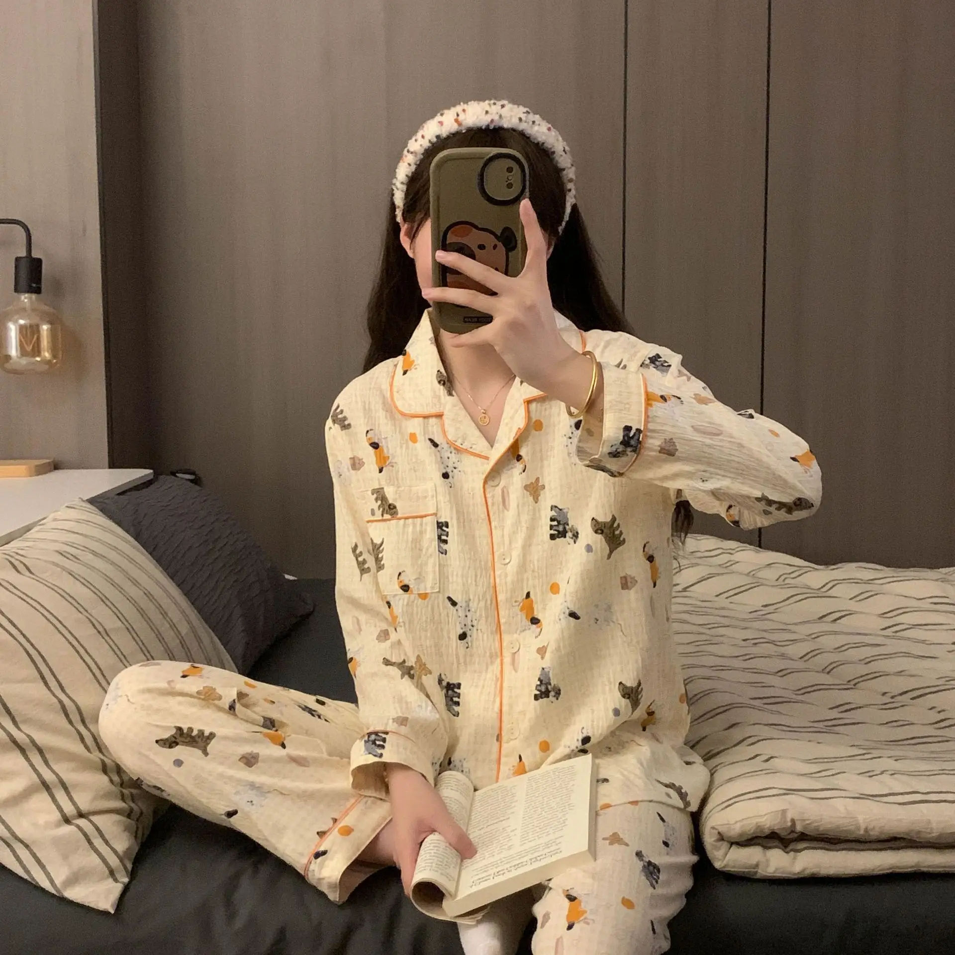 Pajamas set cute student women pyjamas autumn winter Mujer Dog Print Sleepwear Set Long Sleeve Top + Pants Homewear Breathable