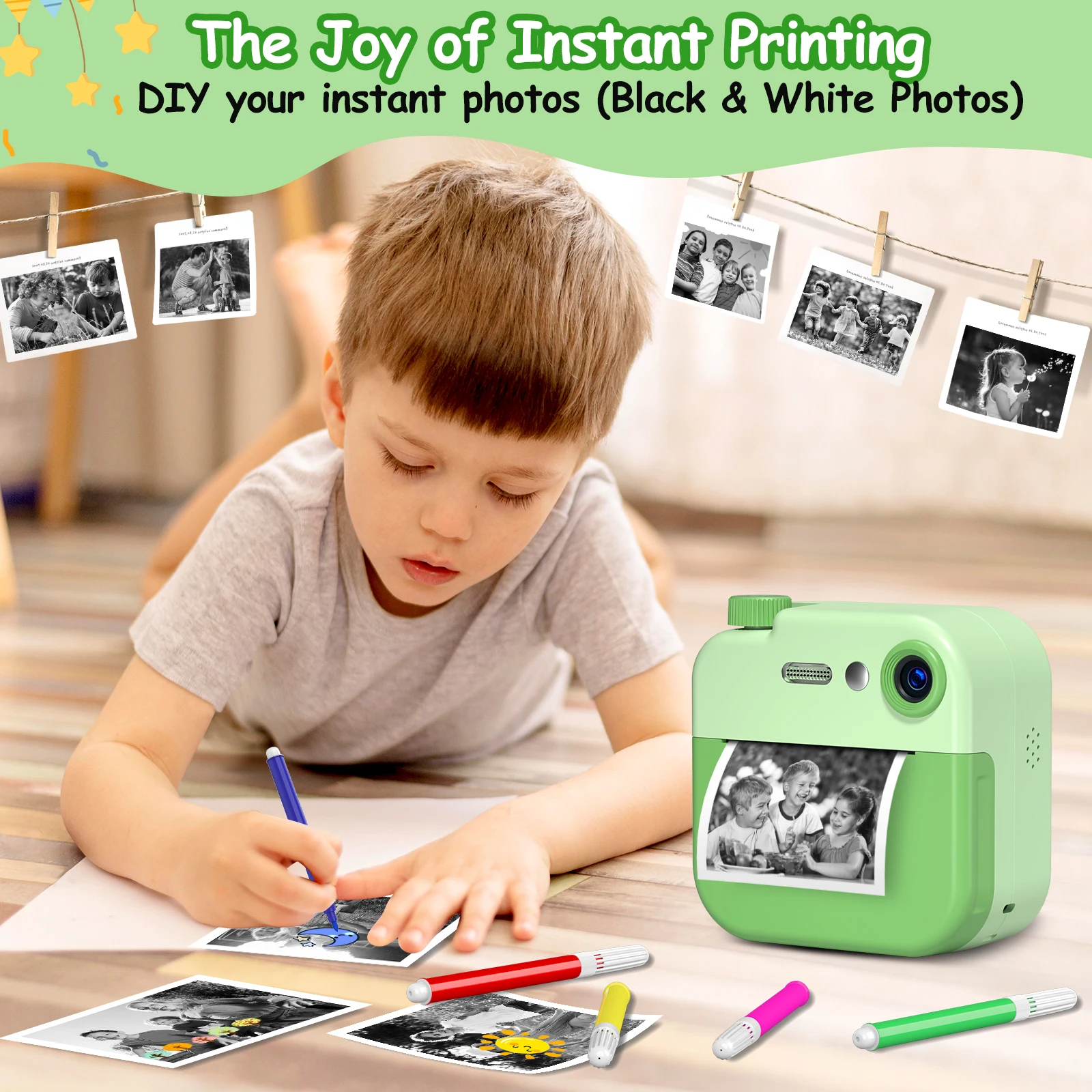 กล้องของเล่นเด็กขนาดเล็ก 1080P กล้องพิมพ์ภาพทันที กล้องดิจิตอลพกพา ของขวัญสำหรับเด็กชายและเด็กหญิง