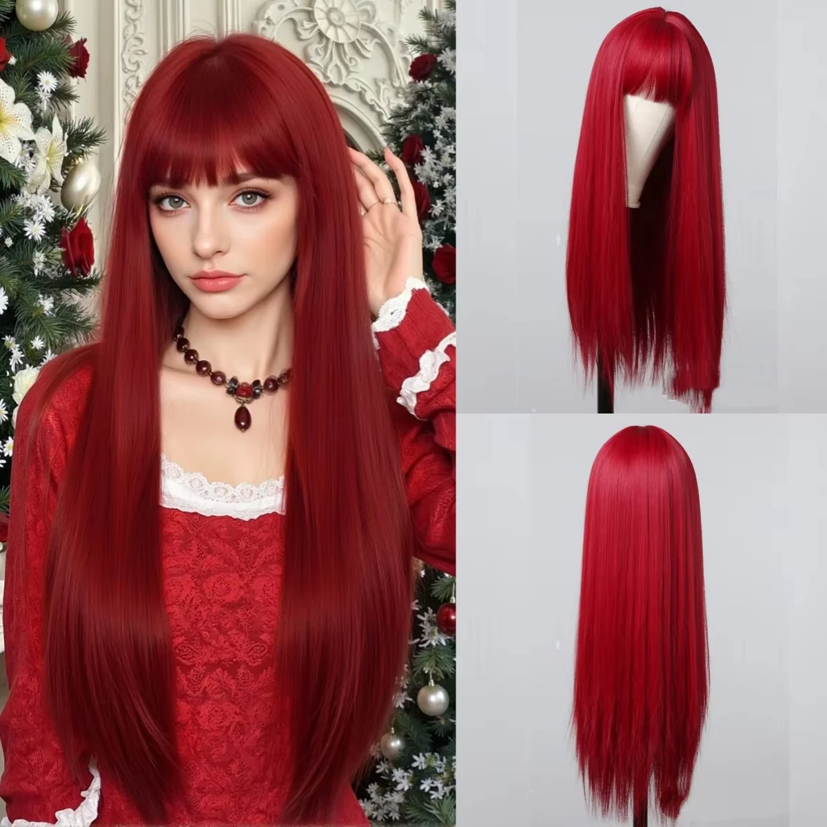 

Синтетический парик с длинными прямыми волосами глубокого красного цвета для косплея на Хэллоуин, парик для повседневного использования, термостойкий парик-аксессуар