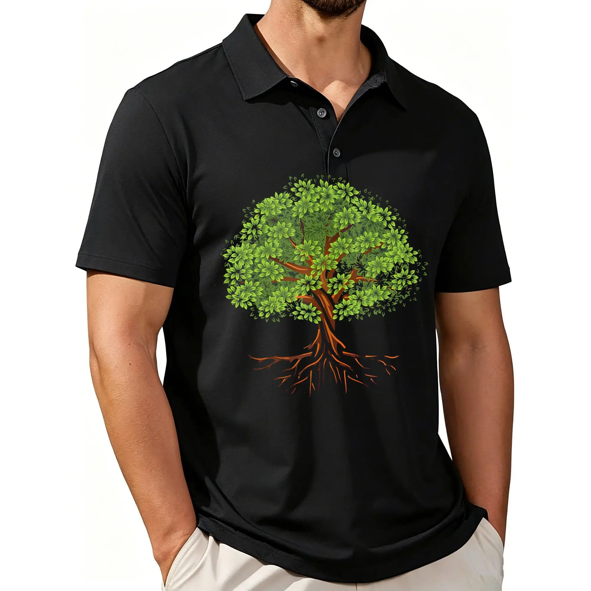 Men's Printed Short-Sleeved Polo Shirt with a Theme of the Tree of Life, Protecting Forests and the Environment, Featuring a Stylish and Casual Fit, Breathable Fabric, and Suitable for All Seasons.