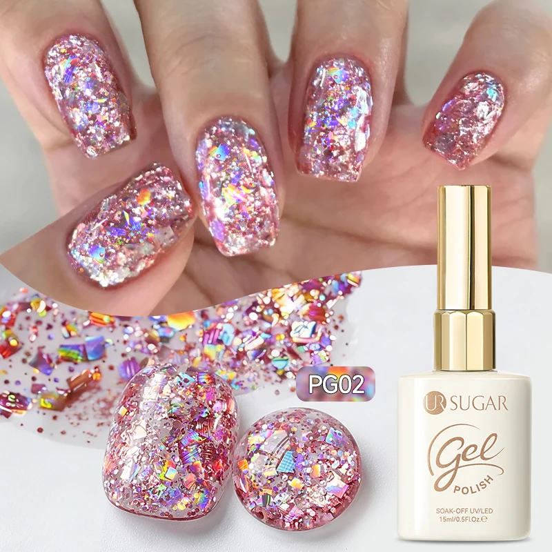 UR SUGAR 15ml Rosa Glitzer-Pailletten Gel-Nagellack Funkelnde Flocken Semi-Permanent Abziehbarer UV-LED-Gel Maniküre Nagelbedarf
