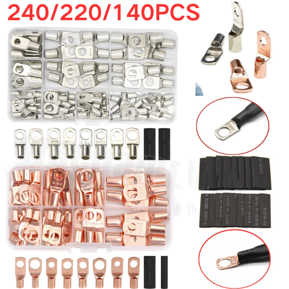 280/140Pcs SC Bare Bolt Hole Tinned Copper Cable Lugs Battery Terminal Wire Terminals Connectors