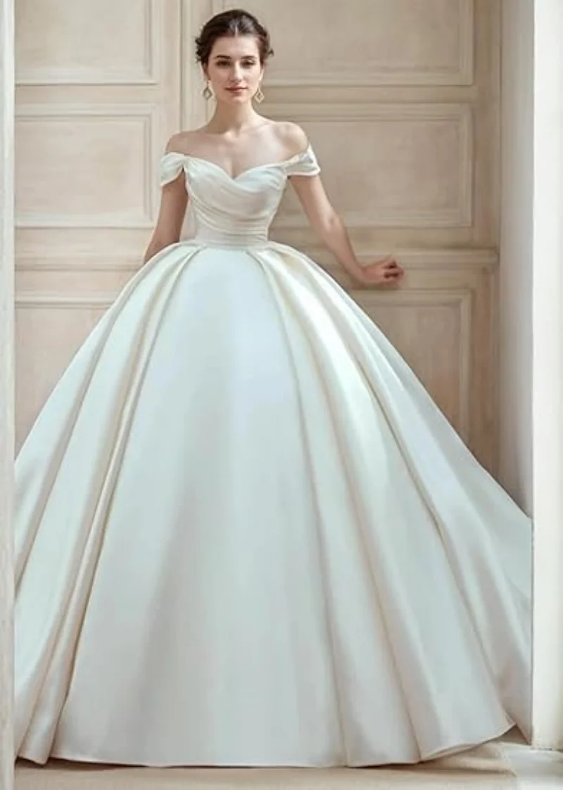 فساتين زفاف رسمية مكشكشة من الساتان قبالة الكتف، فستان زفاف بأكمام قصيرة على شكل قلب مع ذيل محكمة #3