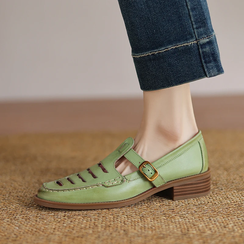 

Genuine Leather Cowhide Women's Sandals,Fashion Hollow Out Summer Women Shoes, Casual Work Flats