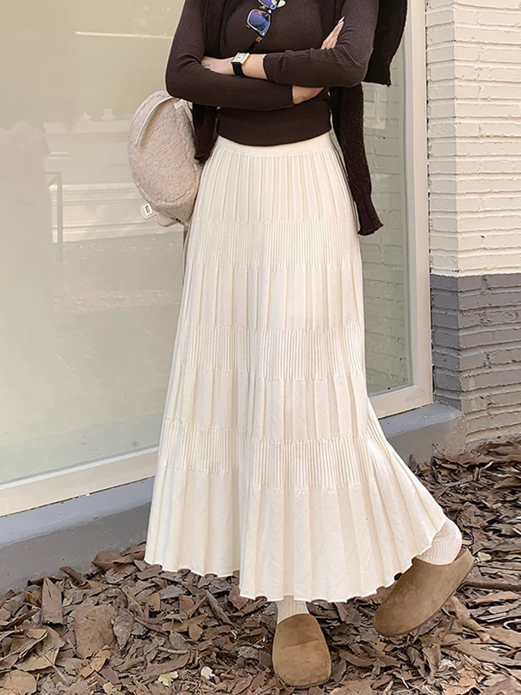 Falda Midi de Punto Plisada de Cintura Alta para Mujer, Otoño Invierno, Estilo Casual, para el Hogar y Uso Diario...