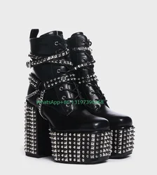 Lady spiked  studded design punk platform boots sexy chain link design chunky heel ankle boots party dress black punk style boot